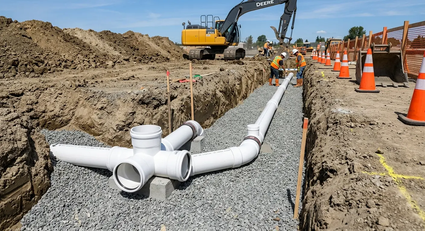 New PVC sewer pipe installation in open trench for Commercial Drain Cleaning in Adams